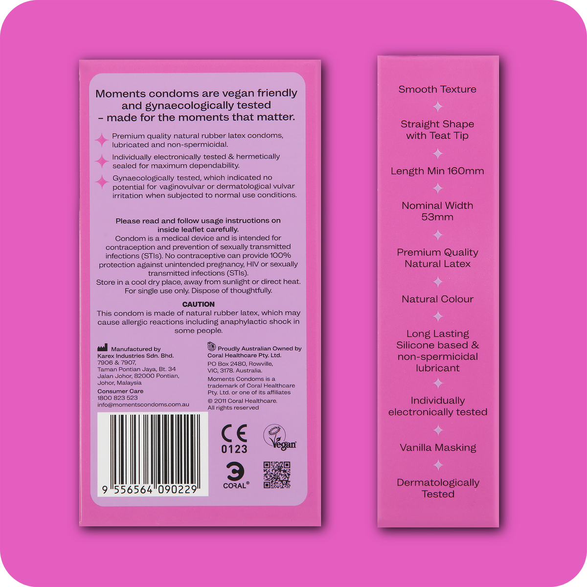 Rear view of Moments Ultra Thin Regular condom box with product information