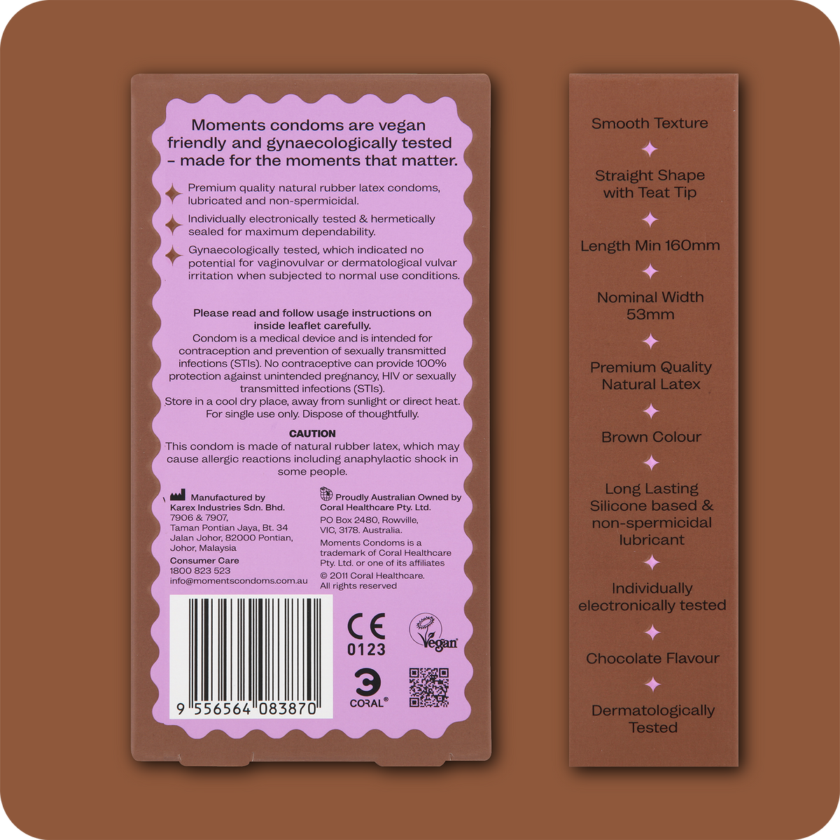 Brand information on the back of Moments Chocolate flavoured condoms