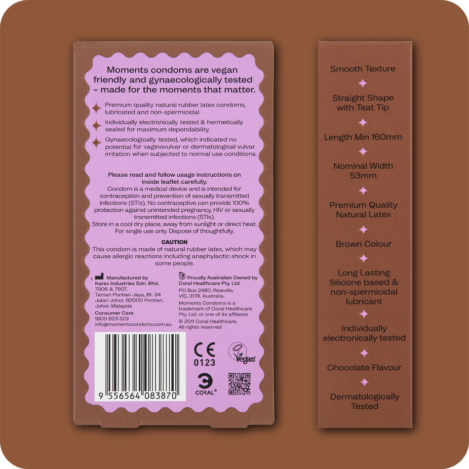 Brand information on the back of Moments Chocolate flavoured condoms
