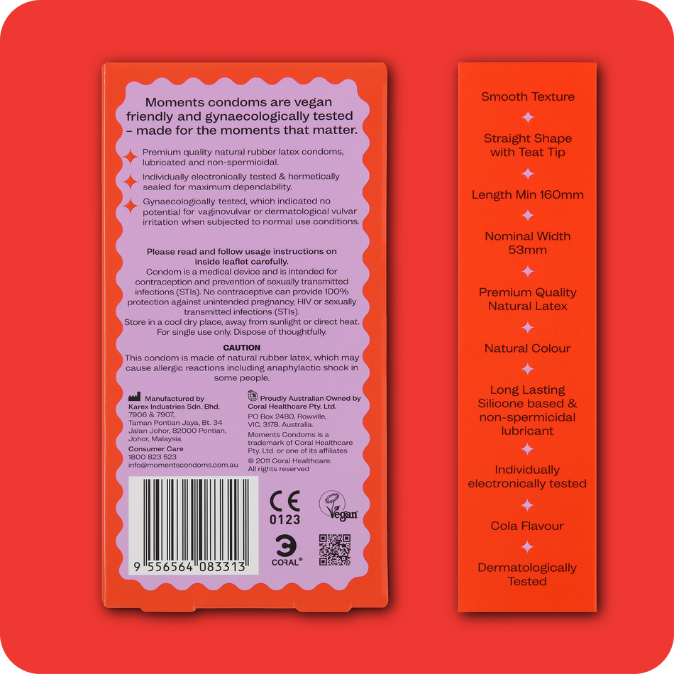 Brand information on Moments Cola flavoured condom