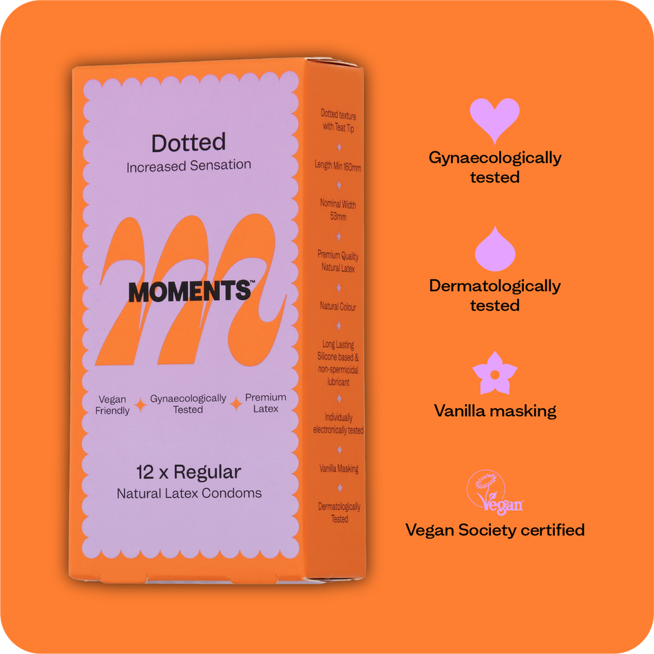 Moments Dotted condom box presented on a vibrant orange surface