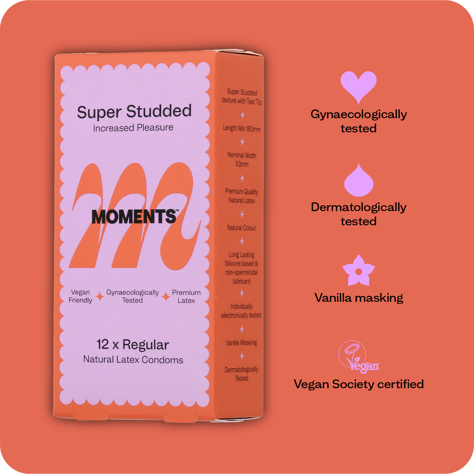 The Moments Super Studded condom box shown from a side angle to emphasize the brand