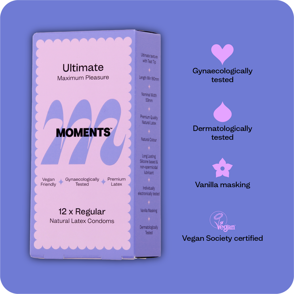 Frontal view of Moments Ultimate condoms showcasing the brand label